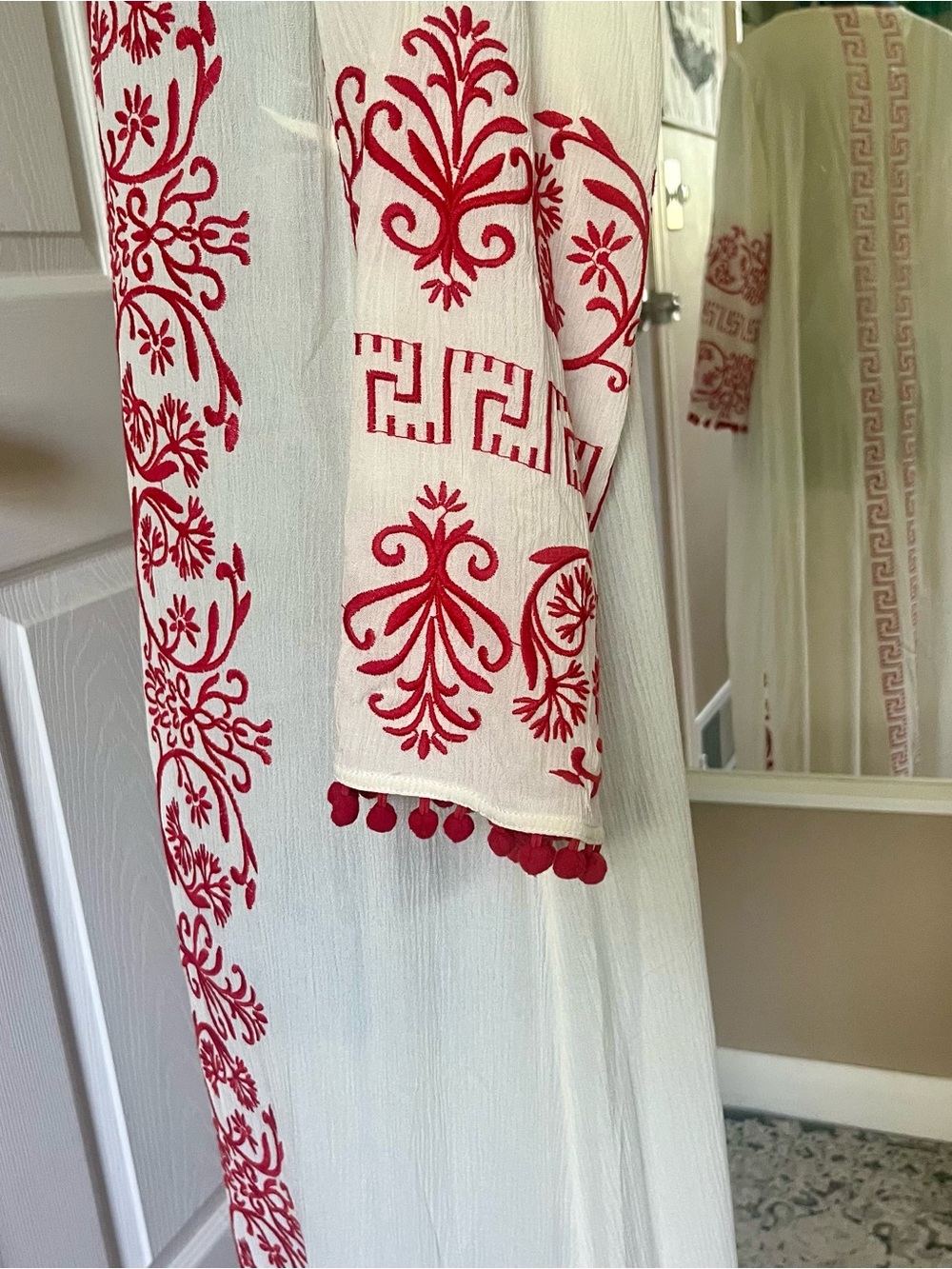 Red and white semi sheer embroidered caftan cover up, super cute Pom Pom sleeves - Picture 9 of 10